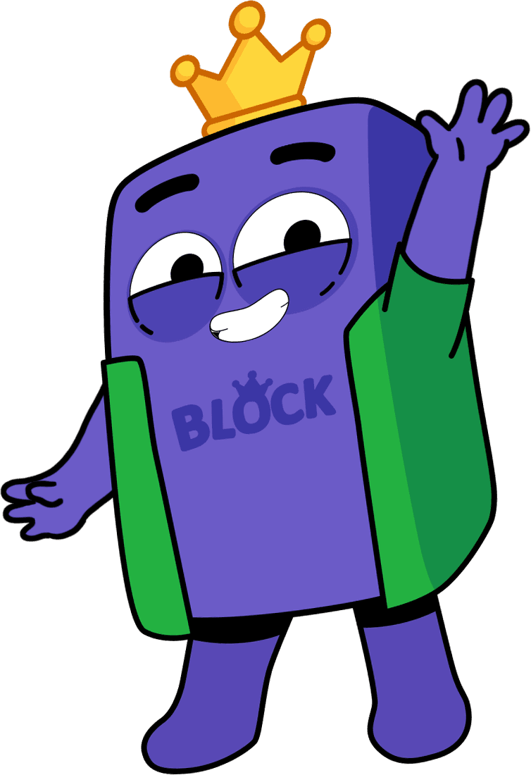 Block Blast! purple mascot with crown waving