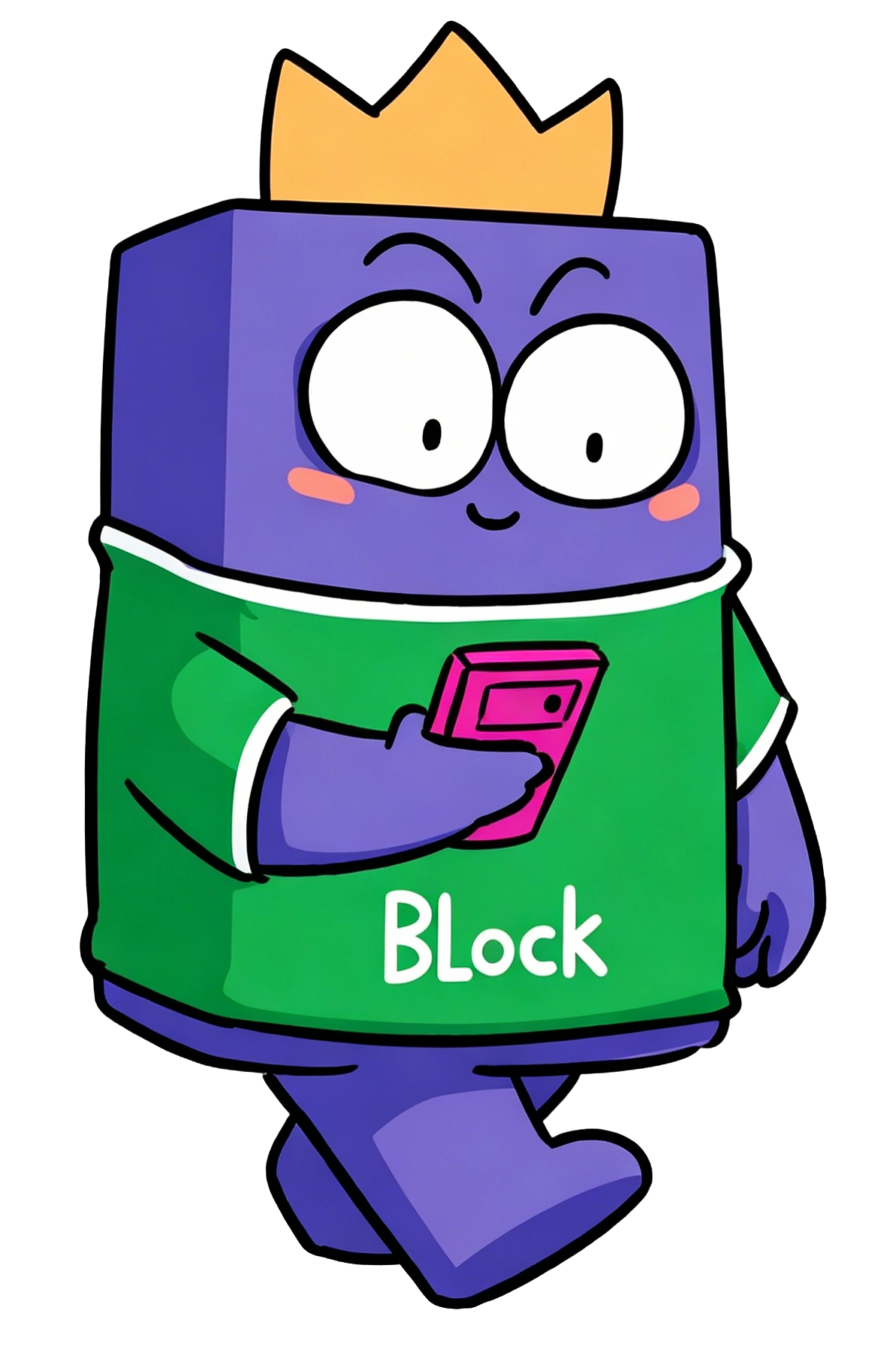 Block Blast! purple mascot with crown waving