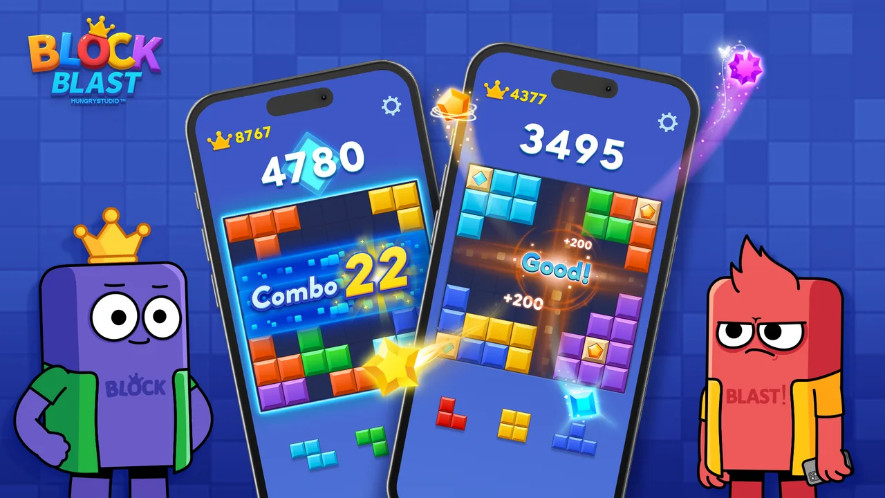 Block Blast official gameplay poster showing the block puzzle board.